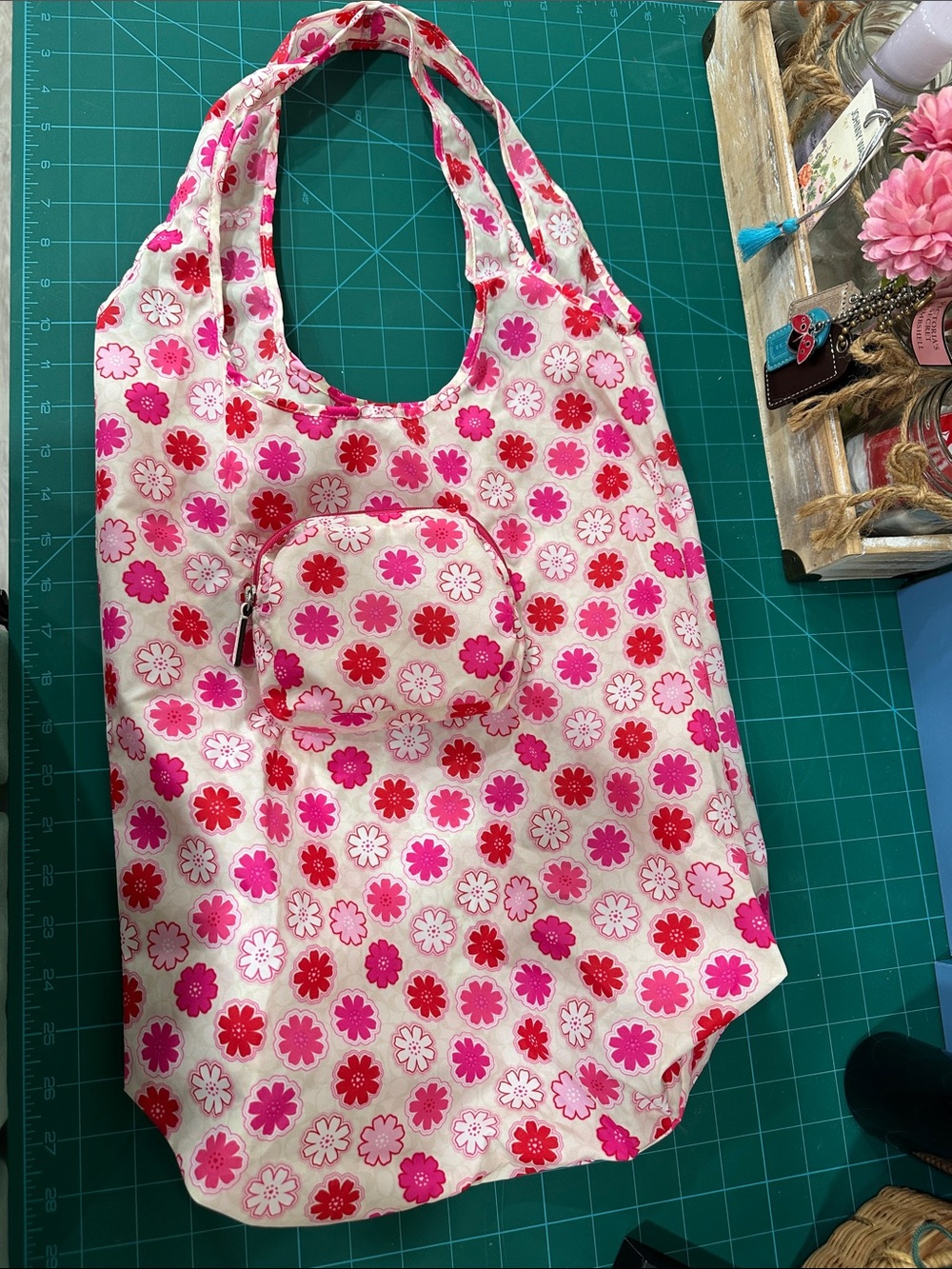 Coach Pink & Red Floral Nylon Folding Tote